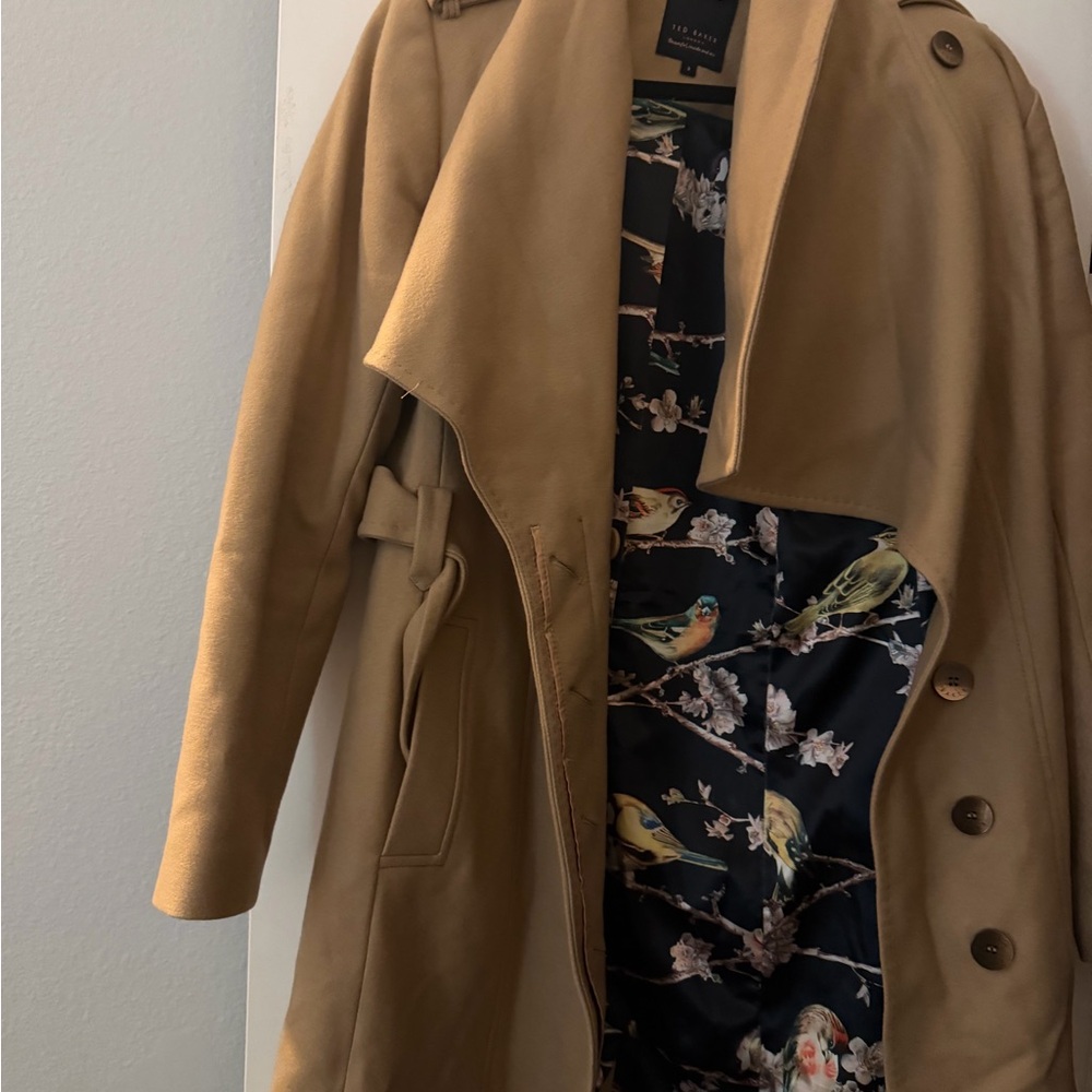 Ted Baker Tan Women's Coat with Bird Print Lining size 3 - Picture 2 of 4